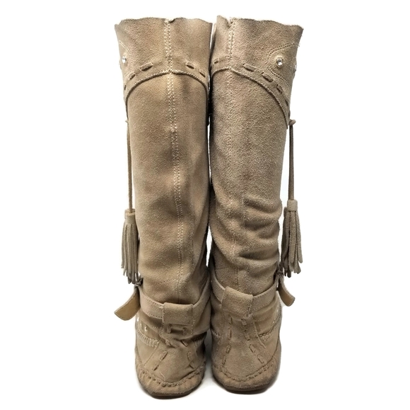 Steve Madden Tall Suede Studded Fringed Moccasin Boots Size 7 Tan - Picture 5 of 11